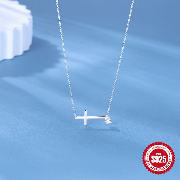 Fashion S925 Sterling Silver Cross Zircon Ochain Clavicle Chain Necklace With Diamond Treatment And Geometric Design