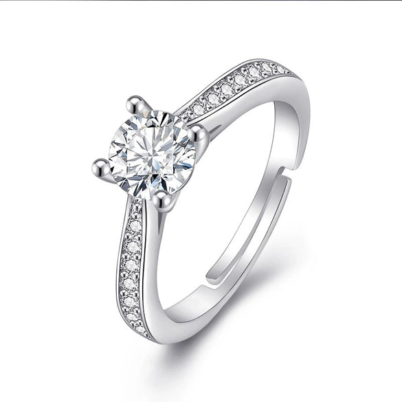 Fashion S925 Sterling Silver Four Claw Simulated Diamond Adjustable Ring For Women Electroplated Silver Ring
