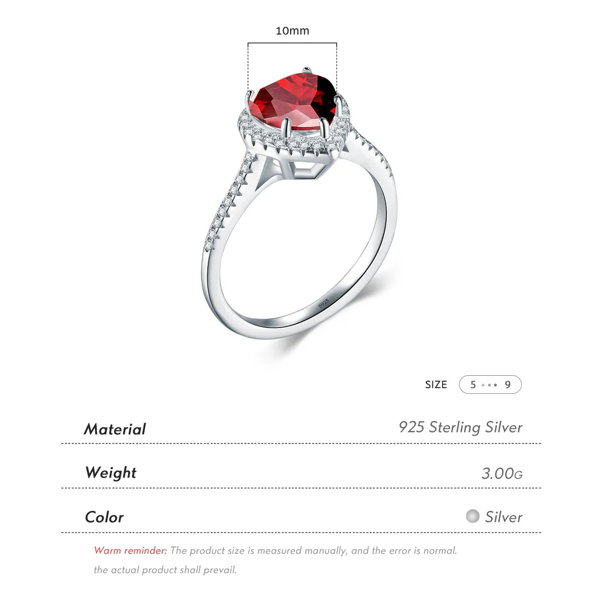 Fashion S925 Silver Female Ring Red Diamonds Heart Fine Ring