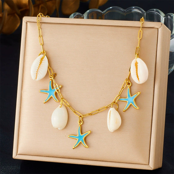 Fashion Seaside Resort Style Stainless Steel Necklace With Star Shape And Star Pattern Electroplated For Women