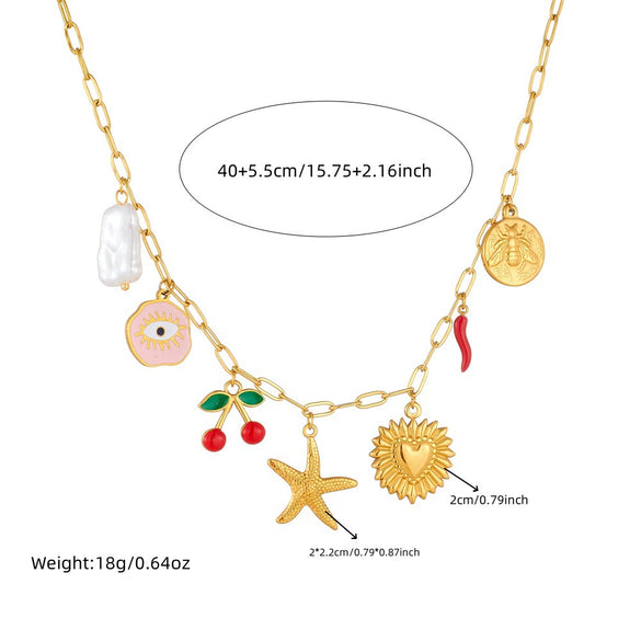Fashion Seaside Resort Style Stainless Steel Necklace With Star Shape And Star Pattern Electroplated For Women