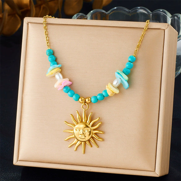 Fashion Seaside Resort Style Stainless Steel Necklace With Star Shape And Star Pattern Electroplated For Women