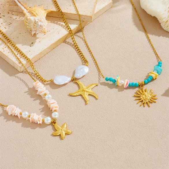 Fashion Seaside Resort Style Stainless Steel Necklace With Star Shape And Star Pattern Electroplated For Women