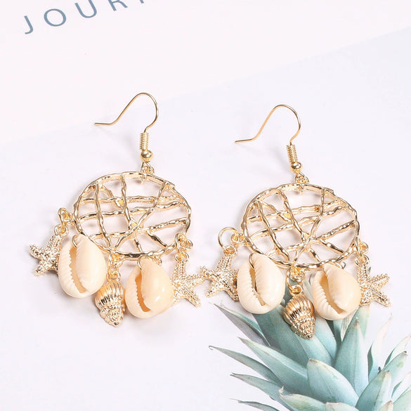 Fashion Shell Conch Sea Star Dream Catcher Earrings For Women Alloy Material With Electroplating Inlaid With Artificial And Semi Precious Stones