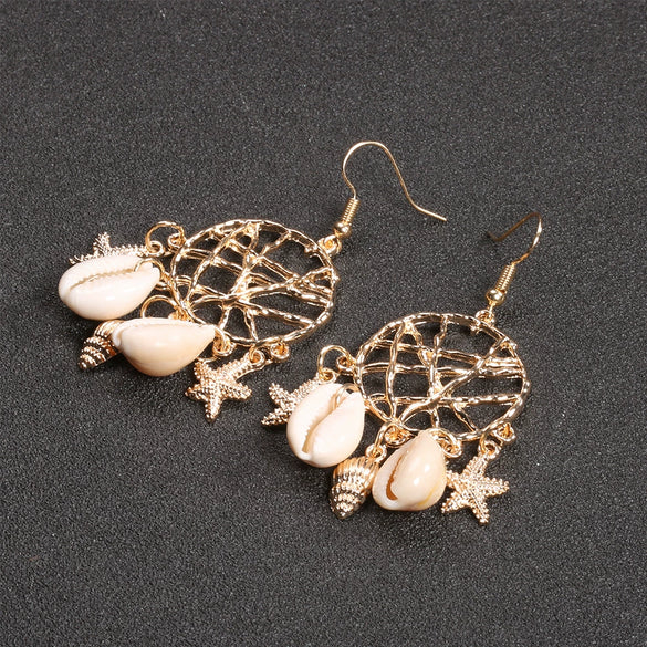 Fashion Shell Conch Sea Star Dream Catcher Earrings For Women Alloy Material With Electroplating Inlaid With Artificial And Semi Precious Stones