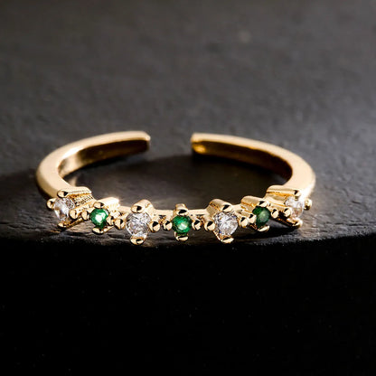 Fashion Simple 18k Gold Plated Micro Inlaid Green Zircon Geometric Open Adjustable Ring