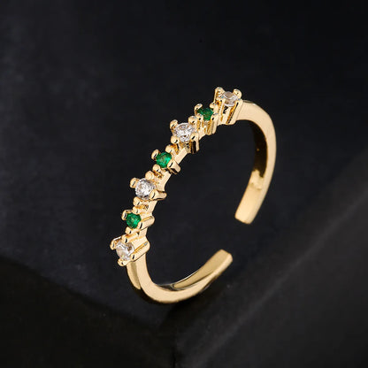 Fashion Simple 18k Gold Plated Micro Inlaid Green Zircon Geometric Open Adjustable Ring