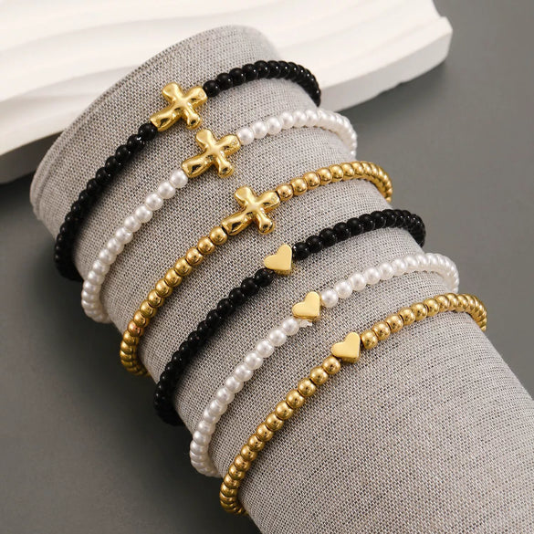 Fashion Simple Allmatch Beaded Elastic Alloy Bracelet With Heart Shape Pattern And Electroplating Treatment For Men And Women