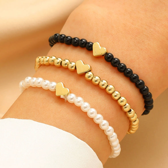 Fashion Simple Allmatch Beaded Elastic Alloy Bracelet With Heart Shape Pattern And Electroplating Treatment For Men And Women