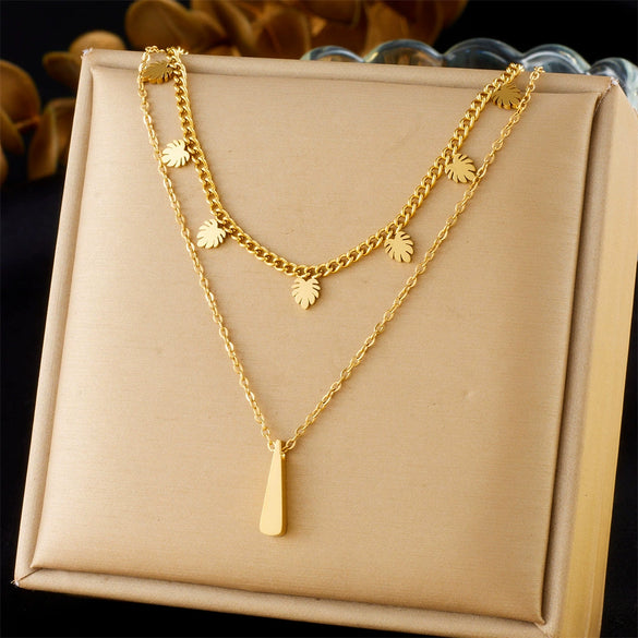 Fashion Simple Allmatch Leaf Water Drop Pendant Stainless Steel Gold Plated Chain Necklace