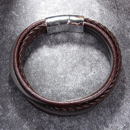 Fashion Simple Black Brown Leather Rope Woven Magnet Bracelet