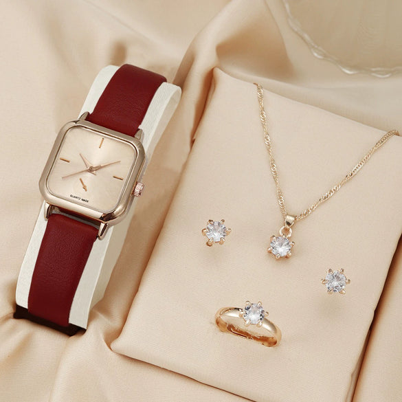 Fashion Simple Business Square Alloy Rhinestone Jewelry Pu Strap Quartz Watch For Female