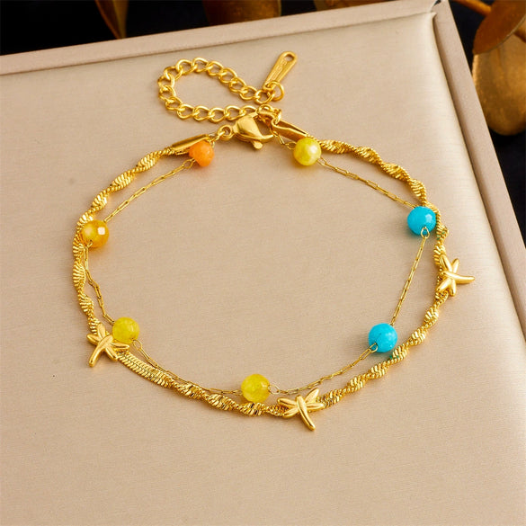 Fashion Simple Color Beaded Dragonfly Stainless Steel Twisted Chain Stacked Women's Bracelet With Electroplating