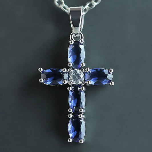 Fashion Simple Copper Inlaid Blue Oval Zircon Cross Pendant Necklace