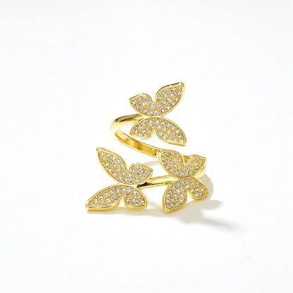 Fashion Simple Copper Plating 18k Golden Butterfly Shaped Open-end Zircon Ring