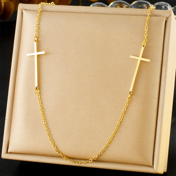 Fashion Simple Cross Stainless Steel Women's Necklace With Electroplating