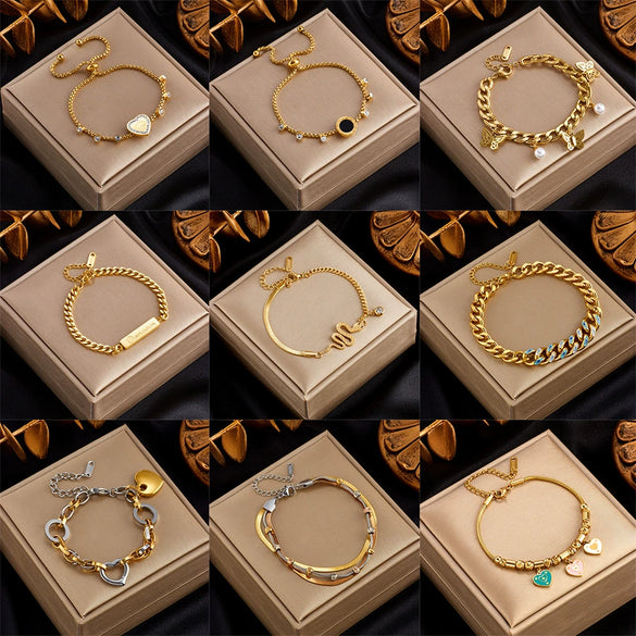 Fashion Simple Design Diamond Love Pearl Butterfly Snake Pendant Goldplated Titanium Steel Women's Bracelet