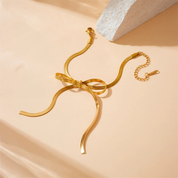 Fashion Simple Design Goldplated Stainless Steel Bow Snake Bone Chain Bracelet For Women