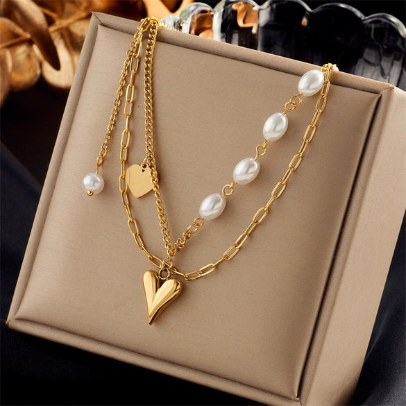 Fashion Simple Design Retro Stainless Steel Multilayer Chain Cross Love Pearl Pendant Women Necklace With Electroplating