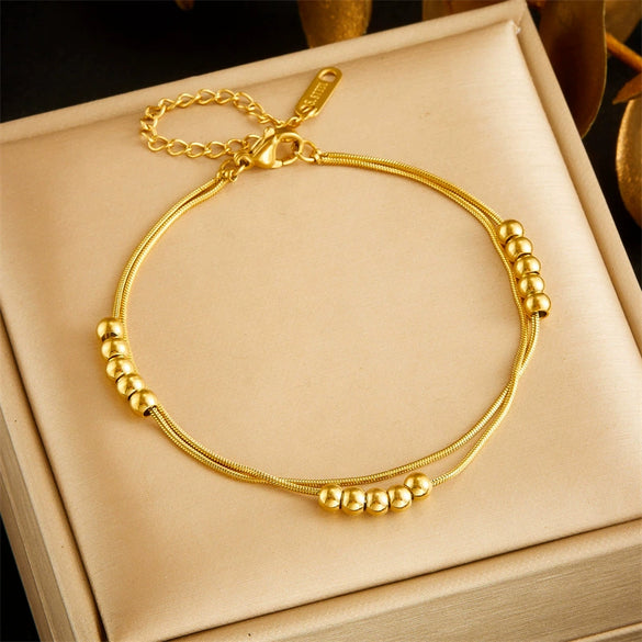 Fashion Simple Double Layer Stacked Ball Beaded Stainless Steel Jewelry Bracelet Necklace For Women With Snake Bone Chain And Electroplating