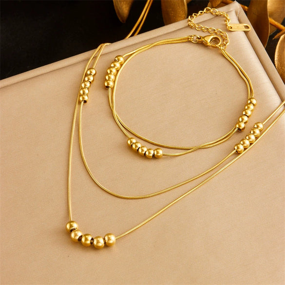 Fashion Simple Double Layer Stacked Ball Beaded Stainless Steel Jewelry Bracelet Necklace For Women With Snake Bone Chain And Electroplating
