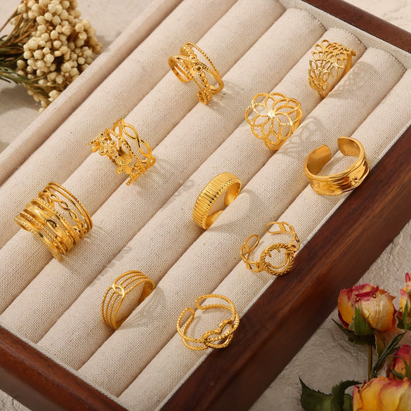 Fashion Simple Geometric Hollow Multilayer Texture Stitching Design Sense Finger Ring Titanium Steel Opening Ring With Electroplating