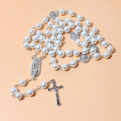 Fashion Cross Imitation Pearl Glass Beaded Pendant Necklace