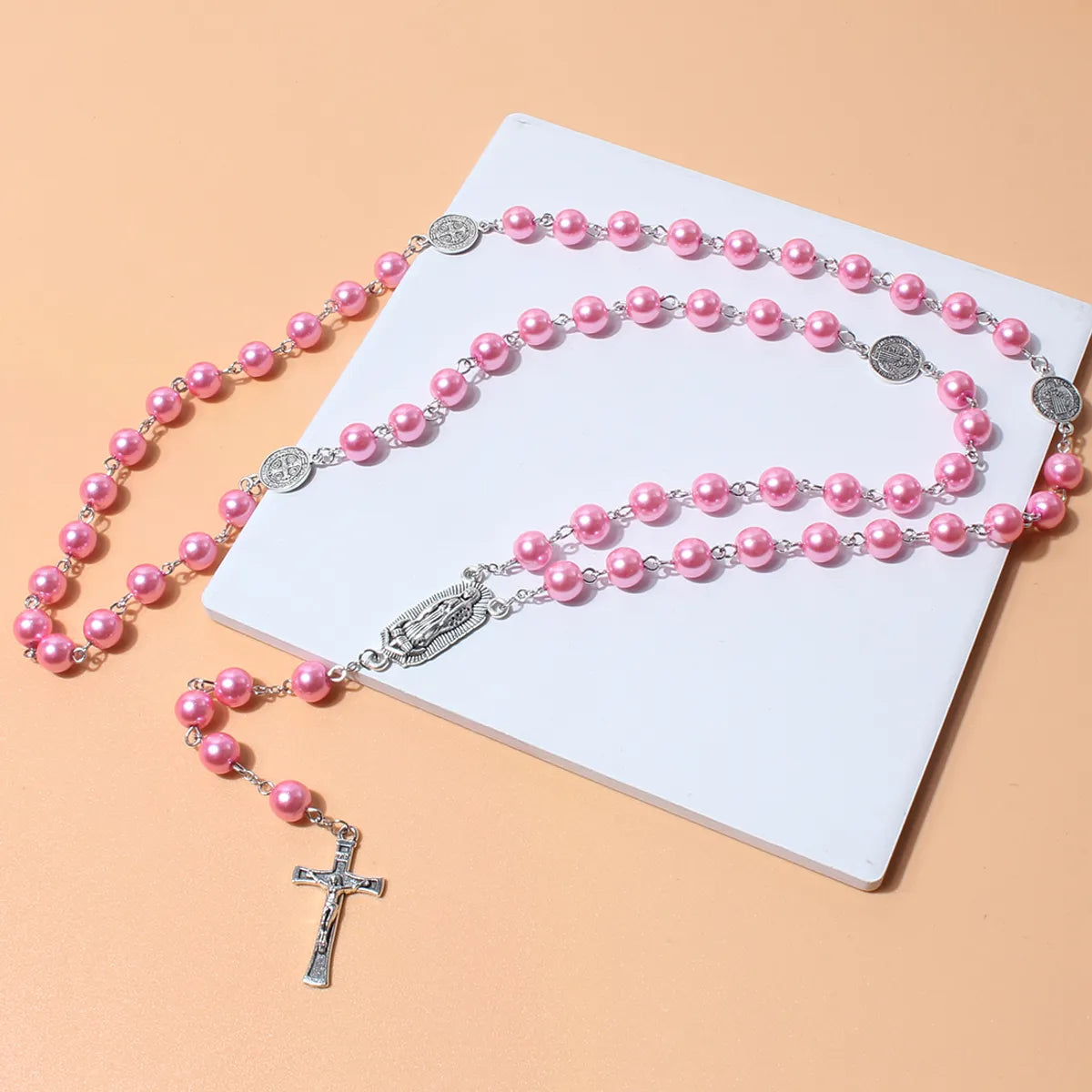 Fashion Cross Imitation Pearl Glass Beaded Pendant Necklace