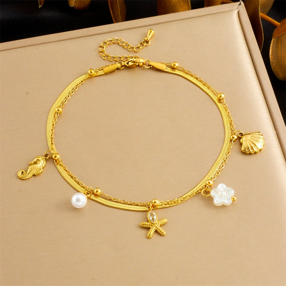 Fashion Simple Gold Plated Marine Life Pendant Stainless Steel Women's Anklet With Animal Zodiac Pattern