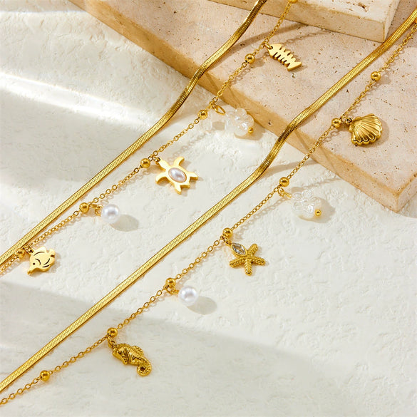Fashion Simple Gold Plated Marine Life Pendant Stainless Steel Women's Anklet With Animal Zodiac Pattern