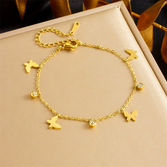 Fashion Simple Gold Plated Stainless Steel Bracelet With Butterfly Disc Lightning Crown Eye Pendant Accessories