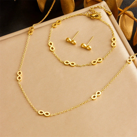 Fashion Simple Gold Plated Stainless Steel Chain Accessories Necklace Earring Bracelet Set For Women