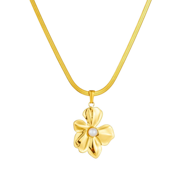 Fashion Simple Goldplated Flower Pearl Stainless Steel Blade Chain Necklace For Women