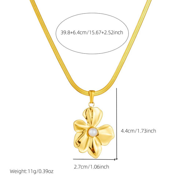 Fashion Simple Goldplated Flower Pearl Stainless Steel Blade Chain Necklace For Women