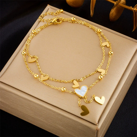 Fashion Simple High End Retro Double Layer Stacked Pearl Love Diamond Five Pointed Star Pendant Anklet Titanium Steel