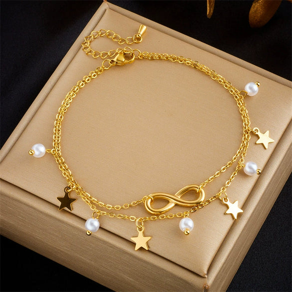 Fashion Simple High End Retro Double Layer Stacked Pearl Love Diamond Five Pointed Star Pendant Anklet Titanium Steel