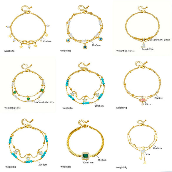 Fashion Simple High End Retro Double Layer Stacked Pearl Love Diamond Five Pointed Star Pendant Anklet Titanium Steel