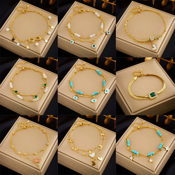 Fashion Simple High End Retro Double Layer Stacked Pearl Love Diamond Five Pointed Star Pendant Anklet Titanium Steel