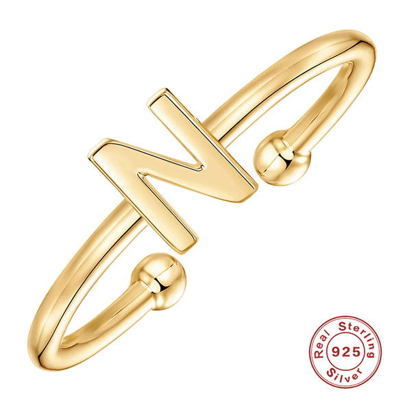 Fashion Simple Ins Style S925 Sterling Silver Geometric 26 Letters Initial Glossy Open Ring With Electroplating For Unisex And Women