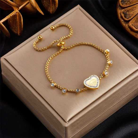 Fashion Simple Light Luxury Niche Heart Round Diamond Embedded Adjustable Chain Titanium Steel Bracelet With Electroplating Design