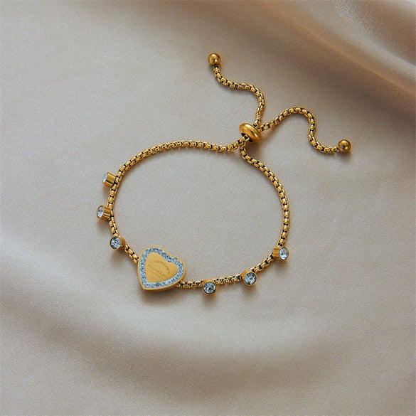 Fashion Simple Light Luxury Niche Heart Round Diamond Embedded Adjustable Chain Titanium Steel Bracelet With Electroplating Design