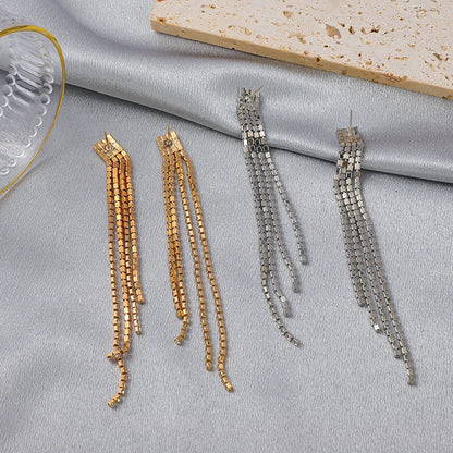 Fashion Simple Long Tassel Rhinestone Inlaid Geometric Earrings