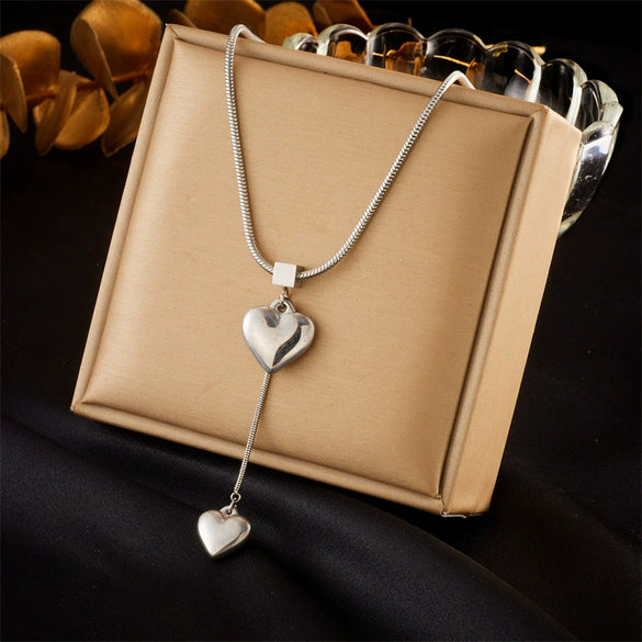 Fashion Simple Metal Heart Pendant Tassel Chain Stainless Steel Gold Plated Necklace For Women