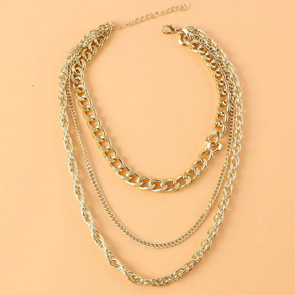 Fashion Simple Multi Layer Thick Alloy Fishbone Chain Stacked Clavicle Necklace With Geometric Design And Electroplating