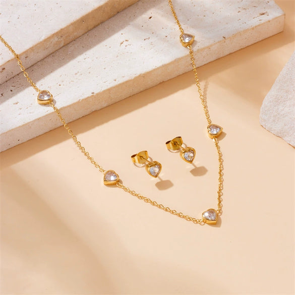 Fashion Simple Niche Stainless Steel Gold Plated Diamondencrusted Love Accessories Pendant Necklace And Earrings