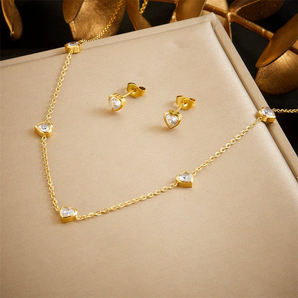 Fashion Simple Niche Stainless Steel Gold Plated Diamondencrusted Love Accessories Pendant Necklace And Earrings
