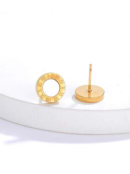 Fashion Simple Ornament Electroplated 18 Golden Round Roman Digital Stainless Steel Stud Earrings