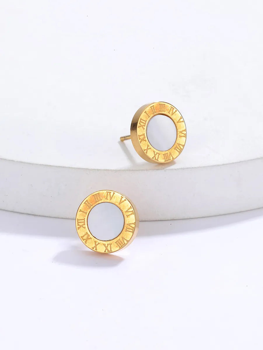 Fashion Simple Ornament Electroplated 18 Golden Round Roman Digital Stainless Steel Stud Earrings