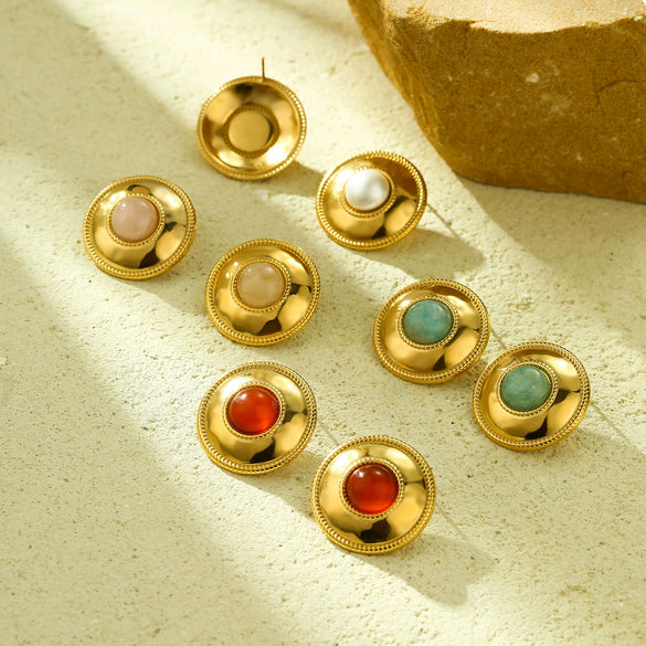 Fashion Simple Palace Style Stainless Steel 18K Electroplated Geometric Circle Inlaid With Natural Stone Women's Earrings