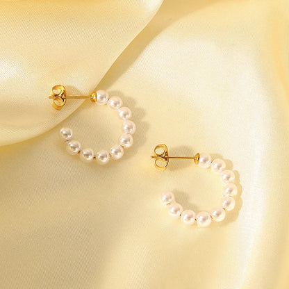 Fashion Simple Pearl C-shaped Titanium Steel Hoop Earrings